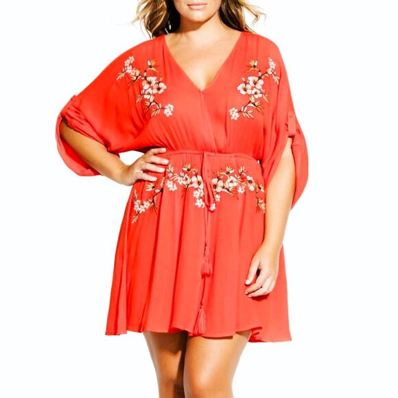 City Chic Seville Tunic Dress Size 18 Embroidered Bright Orange Red Tigerlilly - Picture 3 of 12